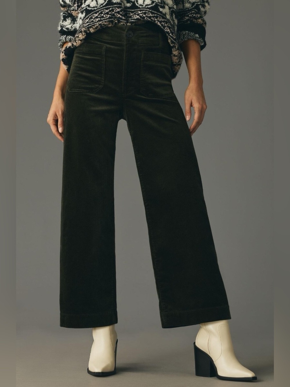 Maeve Anthropologie Colette Wide Leg Crop Corduroy Dark Green Pants 30